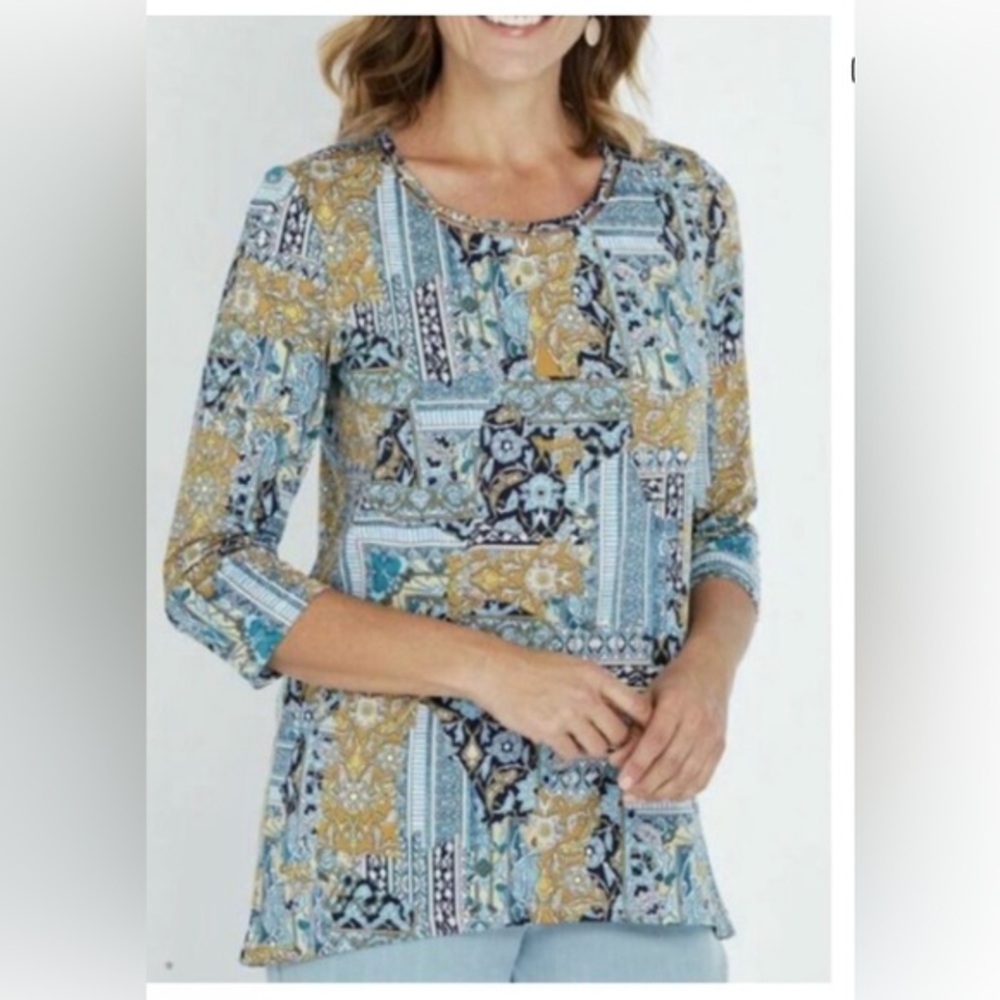 Chico's Soft Stretch Round Neck Abstract Print 3/4 Sleeve Blouse Women Large